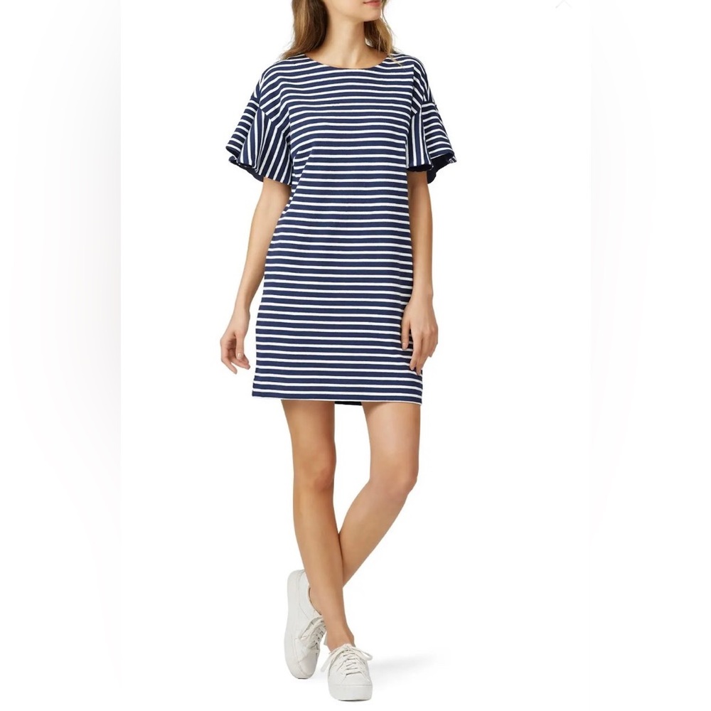 Anthropologie Kinly Blue Striped Cotton Shift Dress Short Sleeve Mini Dress